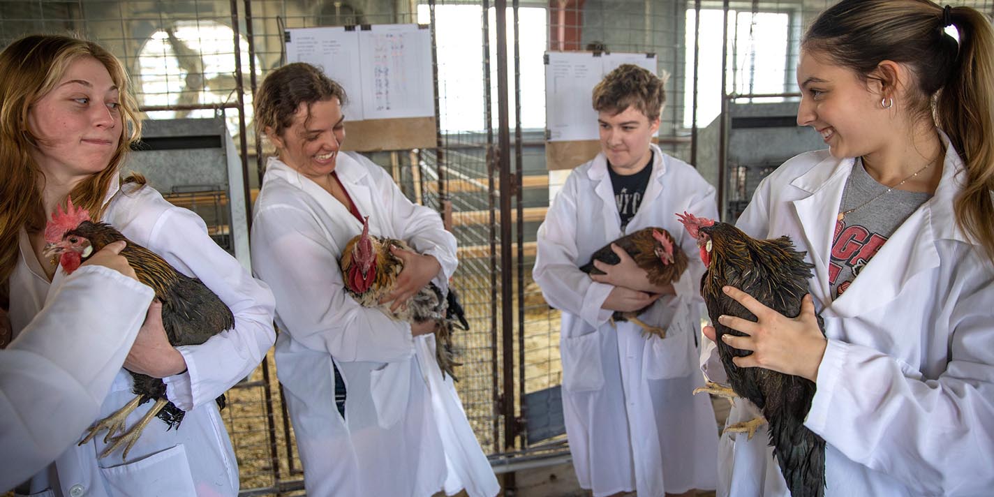 Students holding chickens