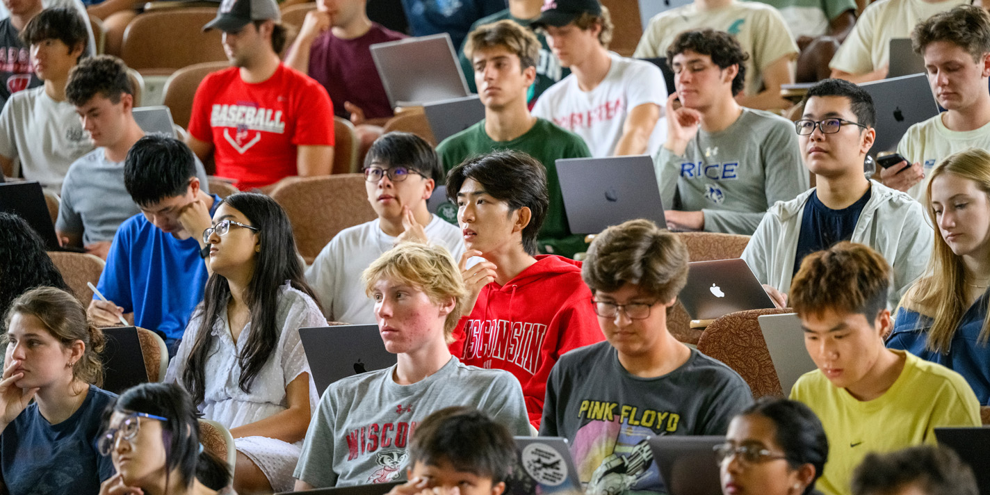 Students take in information on the first day of Math 221 with instructor Soledad Benguria Depassier in Sterling Hall during the first day of fall semester at the University of Wisconsin–Madison on Sept. 6, 2023. (Photo by Althea Dotzour / UW–Madison)