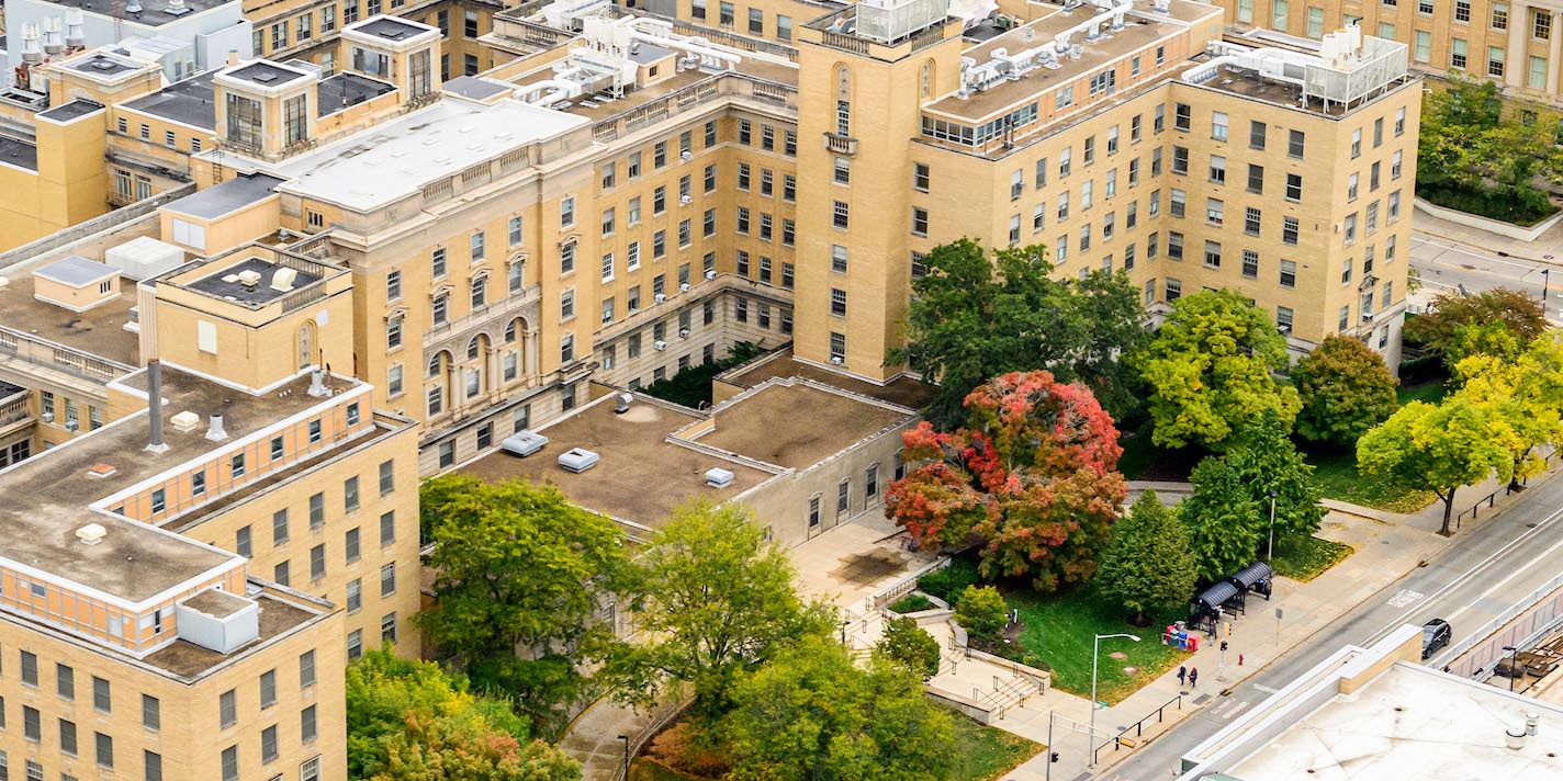 The Medical Sciences Center at the University of Wisconsin–Madison campus is pictured in an aerial photograph taken from a helicopter during autumn on Oct. 14, 2023. (Photo by Althea Dotzour / UW–Madison)