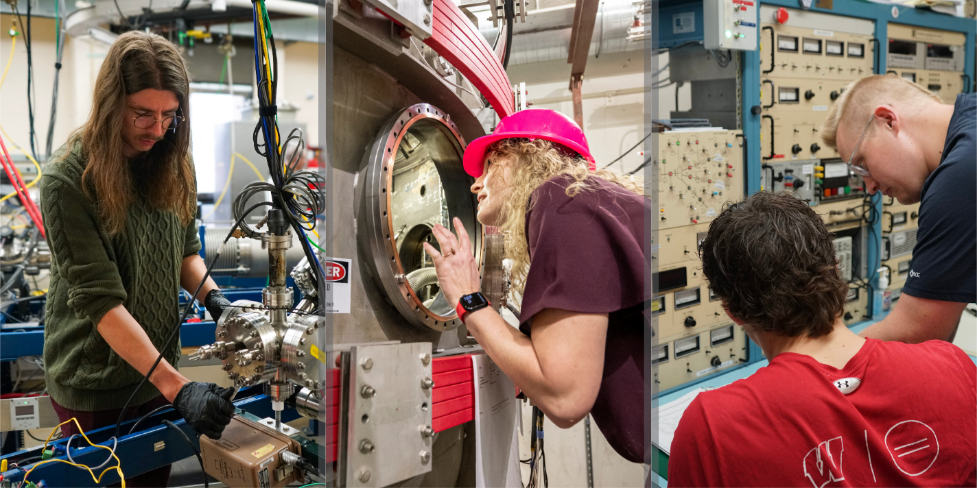 Collage of students shown performing various tasks in a lab