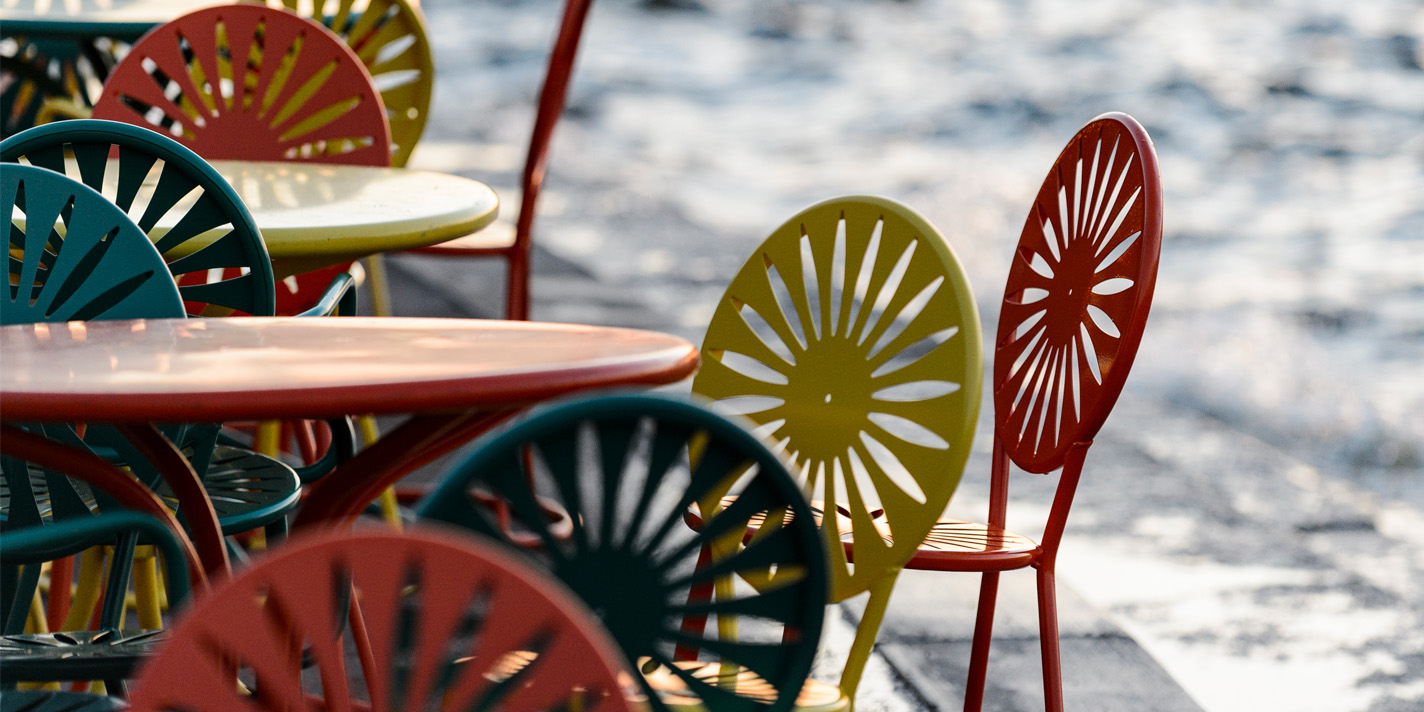 Terrace chairs during a sunset